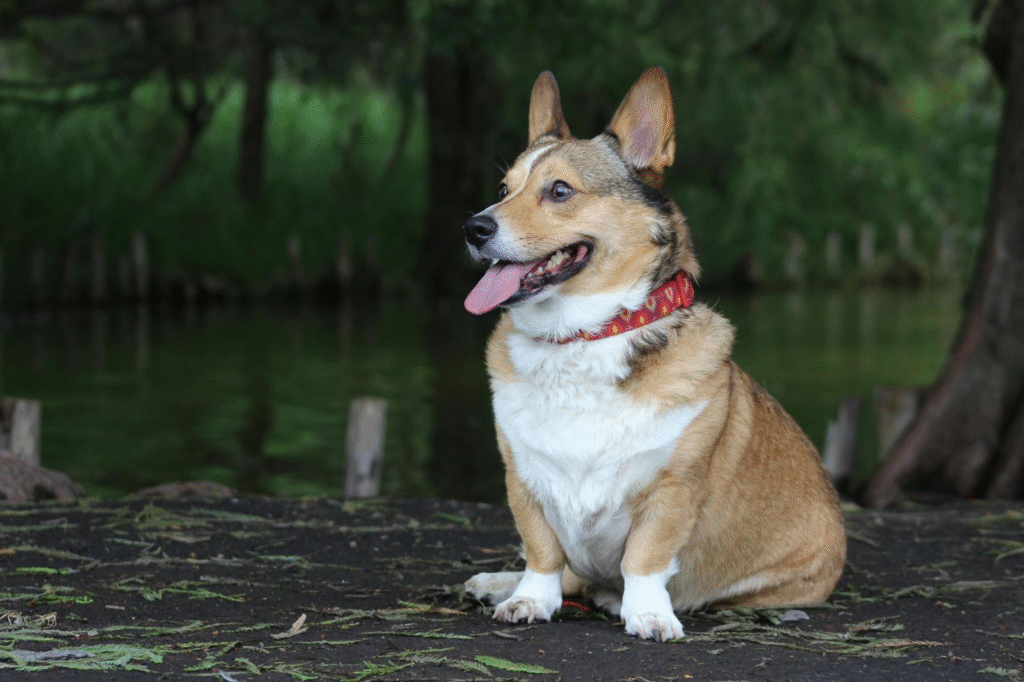 Happy dog wearing red flea and tick prevention collar outdoors