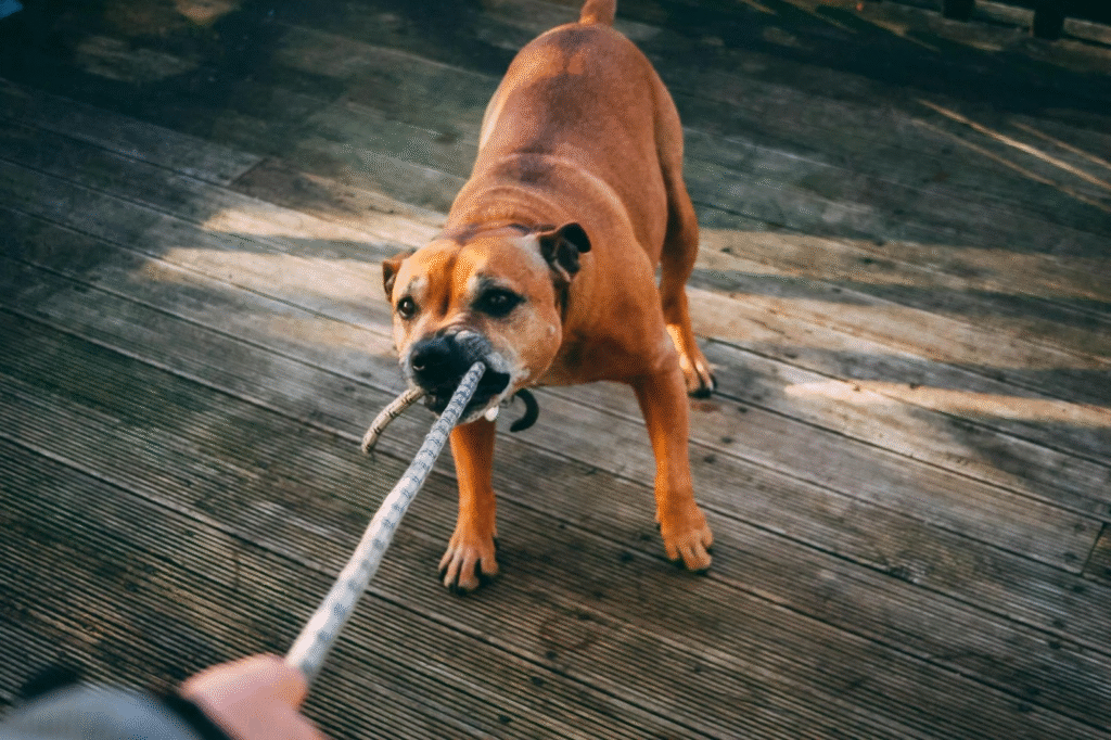 Dog body language showing excitement during tug of war